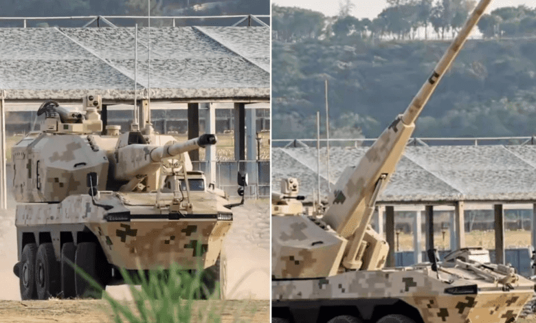 VN-22'nin bu yeni varyantı, 155 mm tekerlekli kundağı motorlu obüs için tasarlanmış modüler bir tarete sahiptir. Bu sistemde bulunan aynı tek dengeleyici, SH-16 modeline dayandığını göstermektedir. (Görsel kaynağı: Çin sosyal medyası)